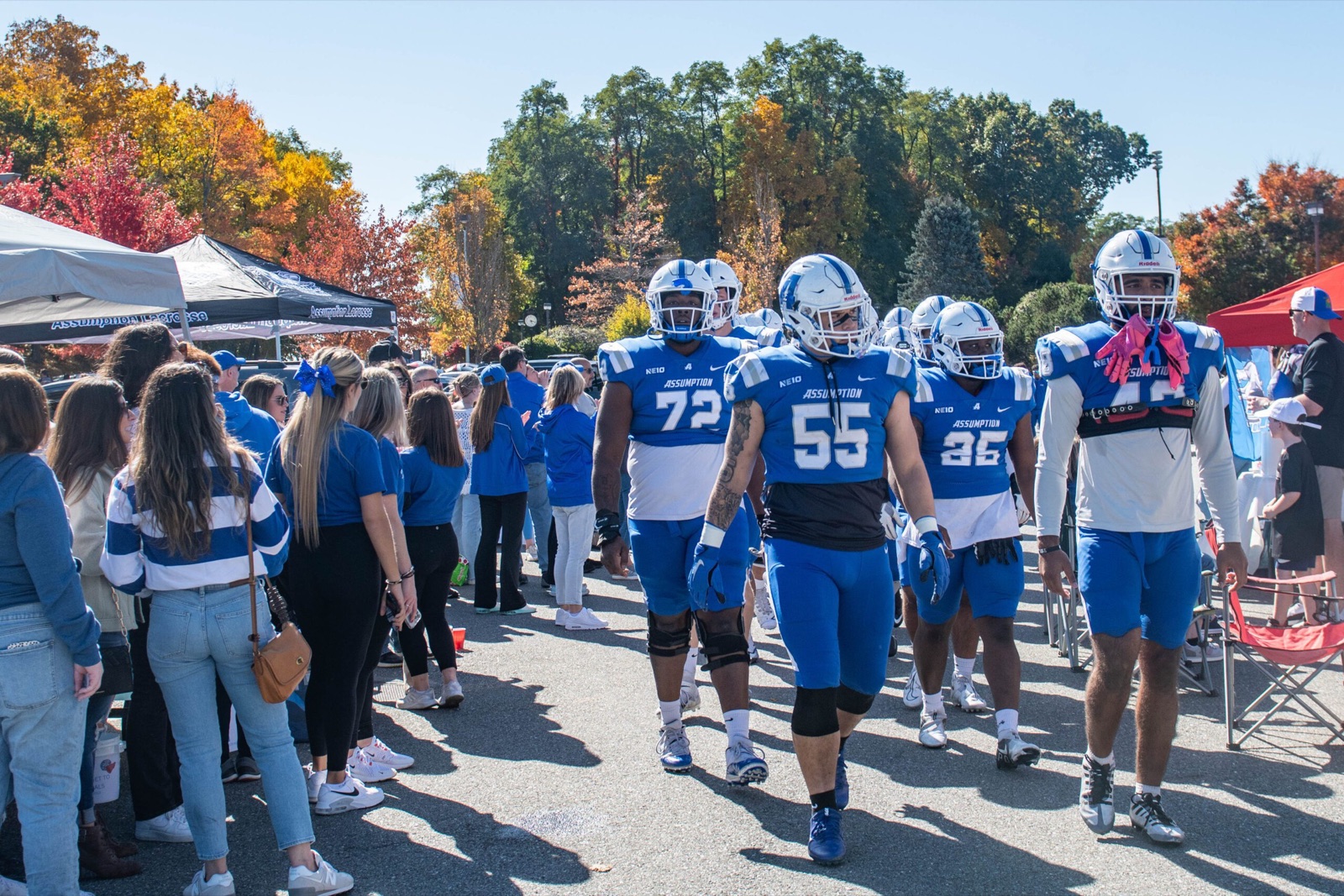Assumption University football players during a game
